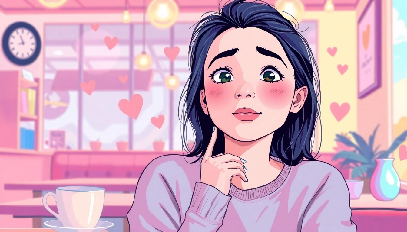 Illustration of a person reflecting on their crush in a cozy café setting.