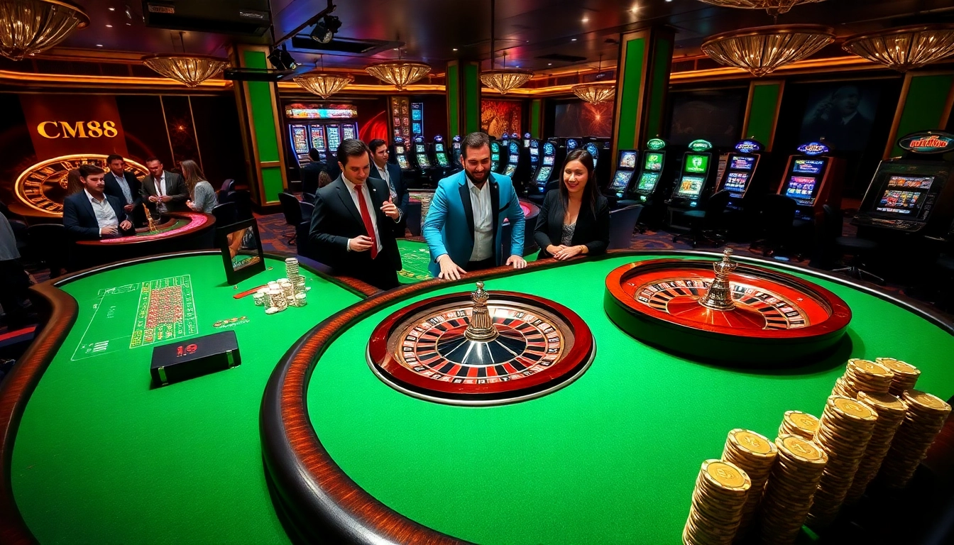 Gamblers enjoying a casino experience with CM88-themed gaming elements in a vibrant atmosphere.