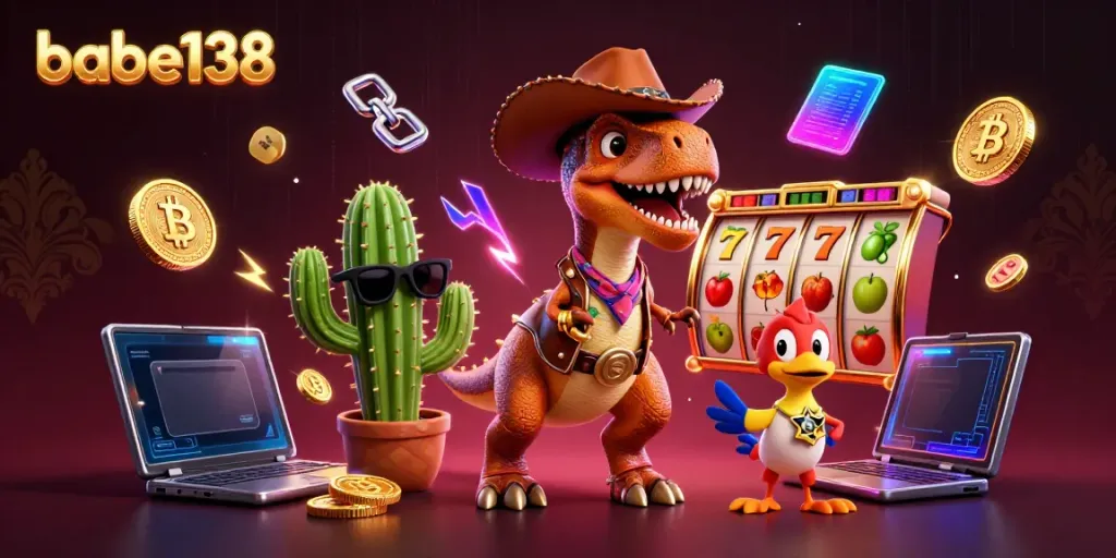 Slot permainan yang menggembirakan di babe138 dengan dinosaurus T-Rex, kaktus, dan karakter burung.