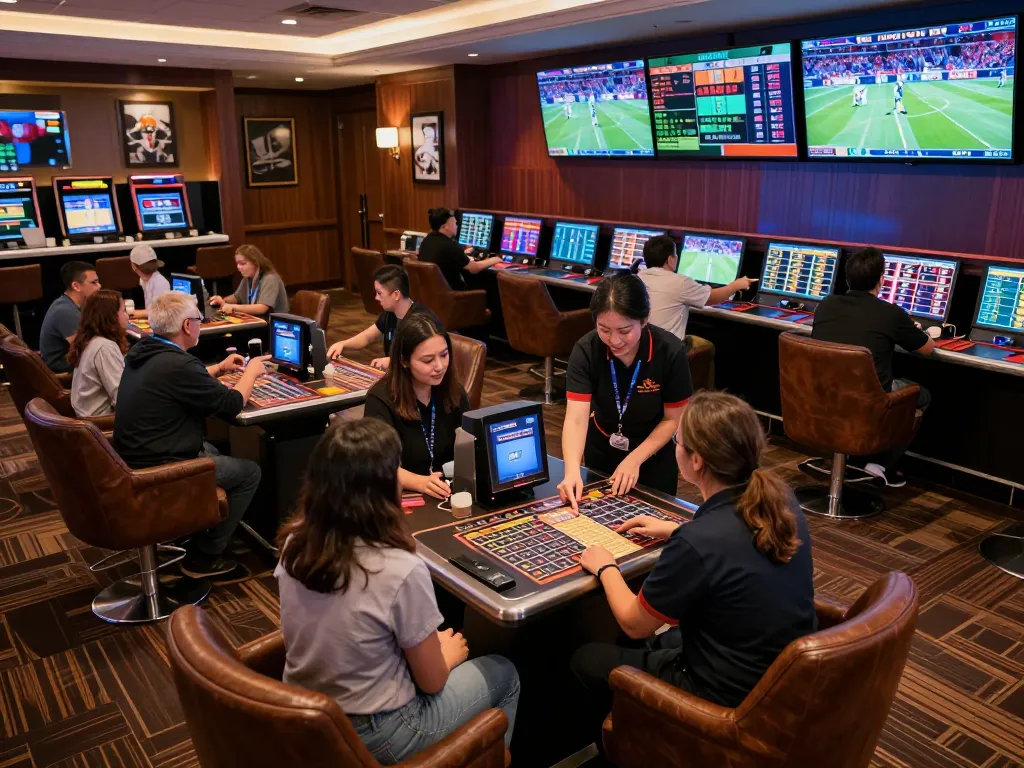 Engaged patrons placing bets at 789bet's modern sports betting lounge, showcasing excitement and collaboration.