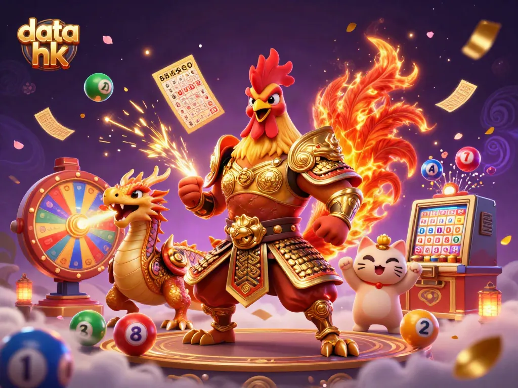 Data hk: Gambar 3D karakter ayam pejuang dan naga dalam atmosfer lotere yang menawan.
