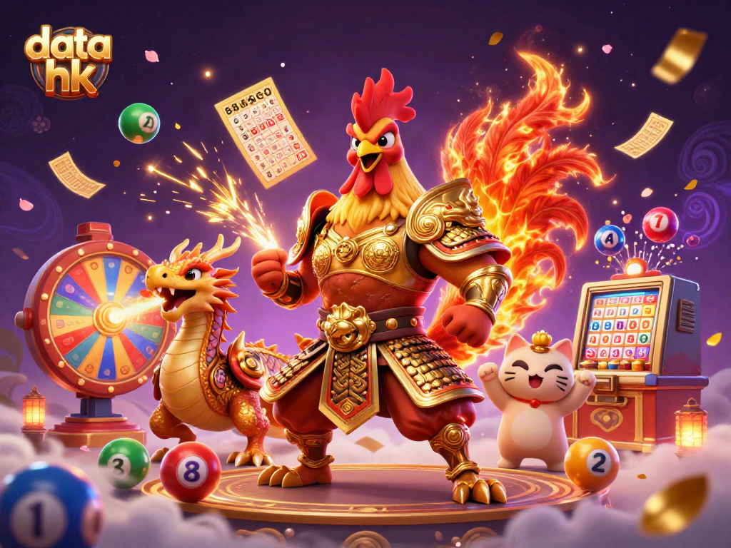 Data hk: Gambar 3D karakter ayam pejuang dan naga dalam atmosfer lotere yang menawan.