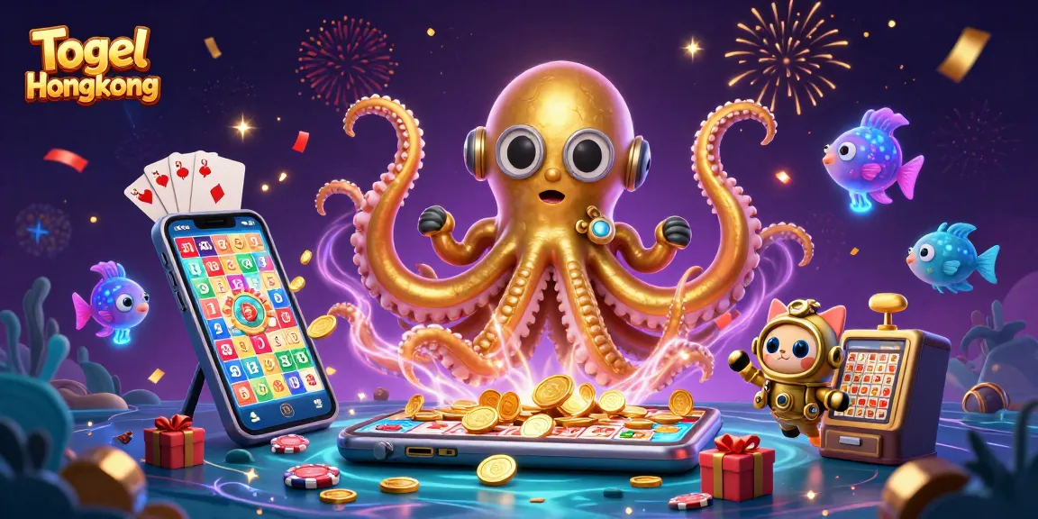 Togel Hongkong showcases a dynamic scene with a cartoon kraken, diving cat, and lottery excitement.