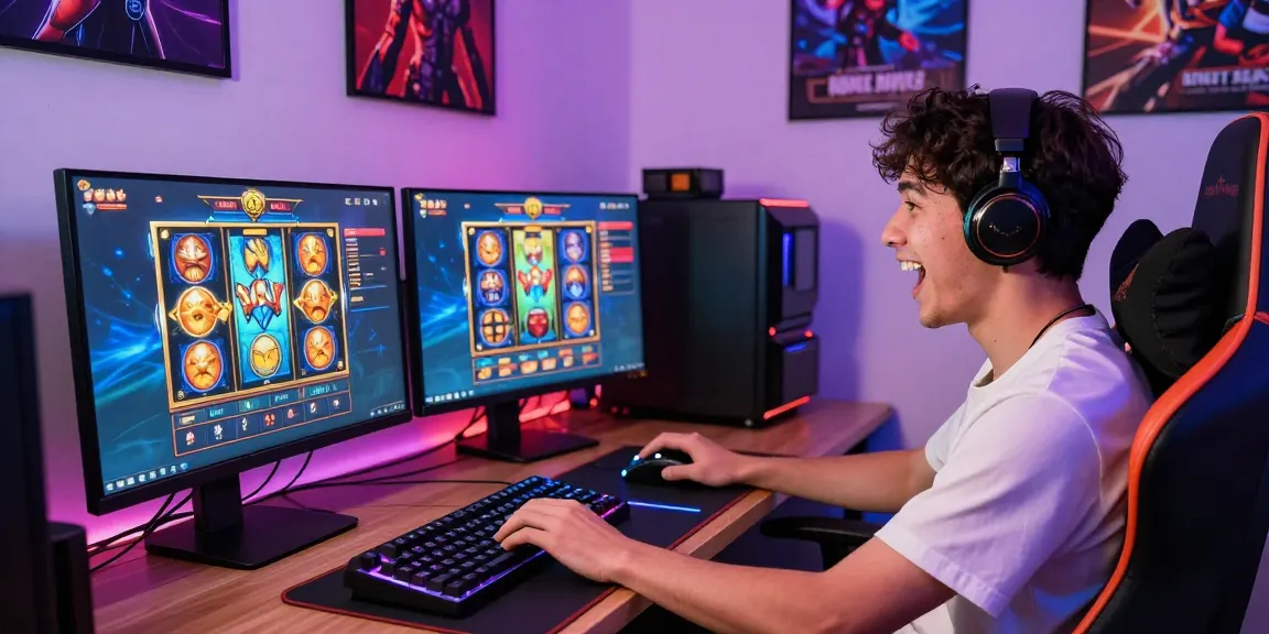 Pengalaman bermain sniperslot dengan gamer di ruang penuh warna dan aksesori permainan.