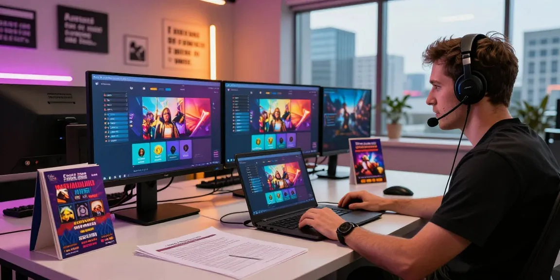 Helpdesk representative assisting clients on rajaberas88 gaming platform with multiple screens and promotional materials.