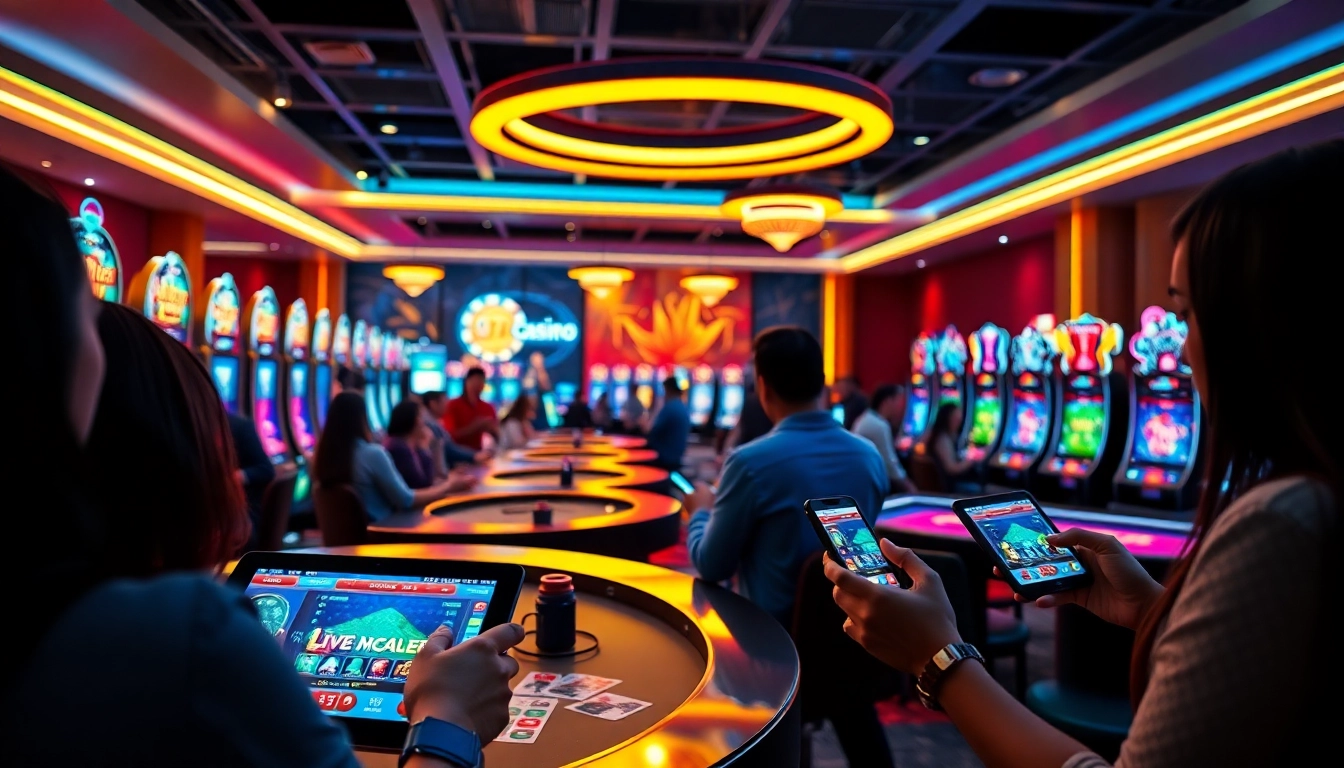Experience https://98winmb.com/ with a vibrant online casino atmosphere featuring excited players at digital gaming tables.