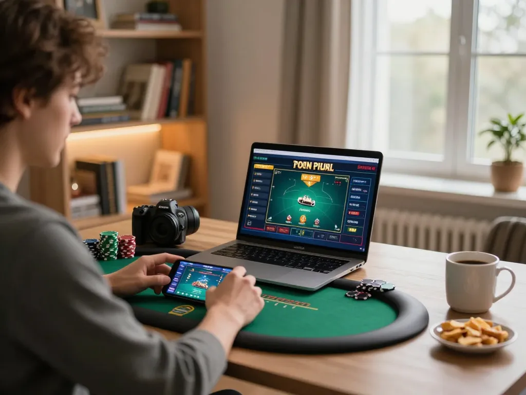 Engaging in online gaming at https://lucky88at.com/ with a laptop showcasing poker strategy and vibrant interface.