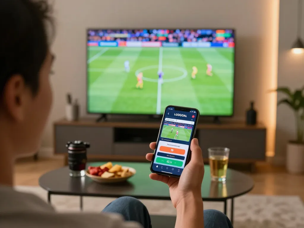 Betting excitement with LGOGOAL app on smartphone during a live match in a cozy home