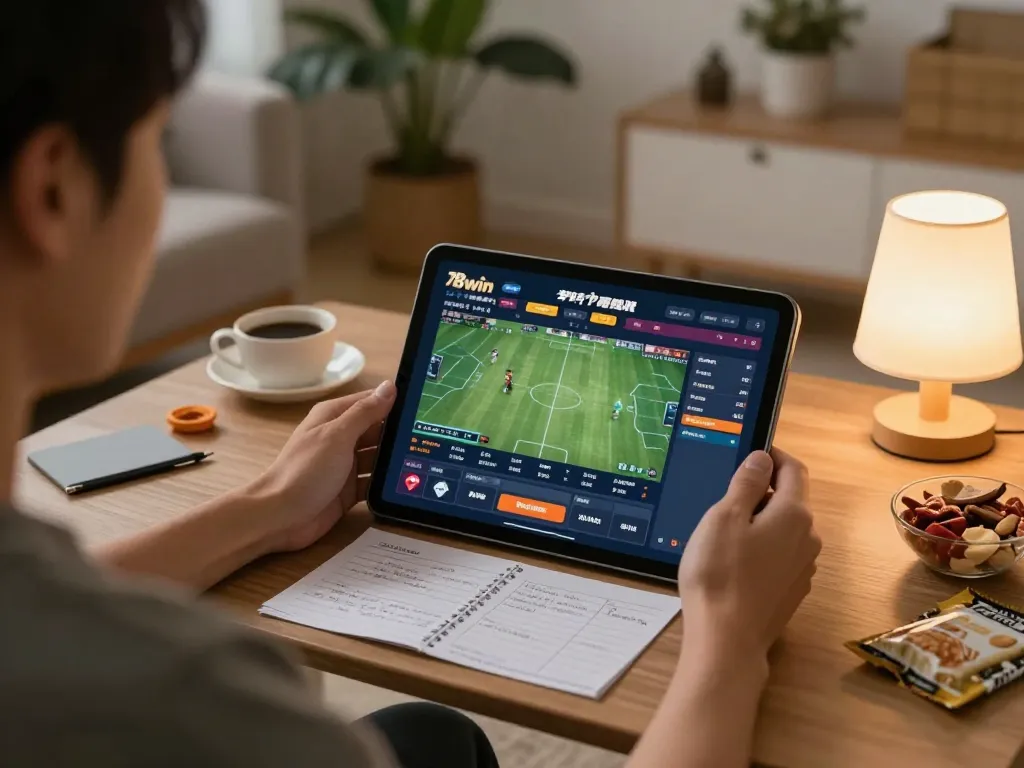 Engaged player using 78win app for sports betting, showing interactive gameplay and cozy home setting.