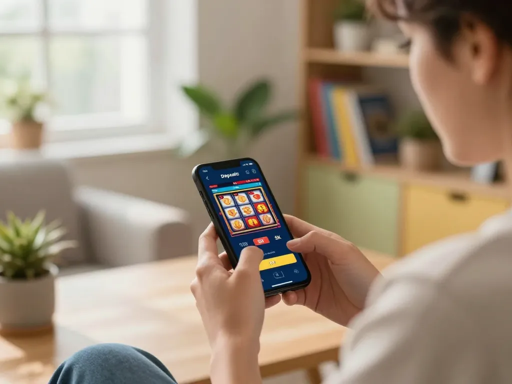 Engaging in slot deposit 5k excitement on a mobile app in a cozy home atmosphere
