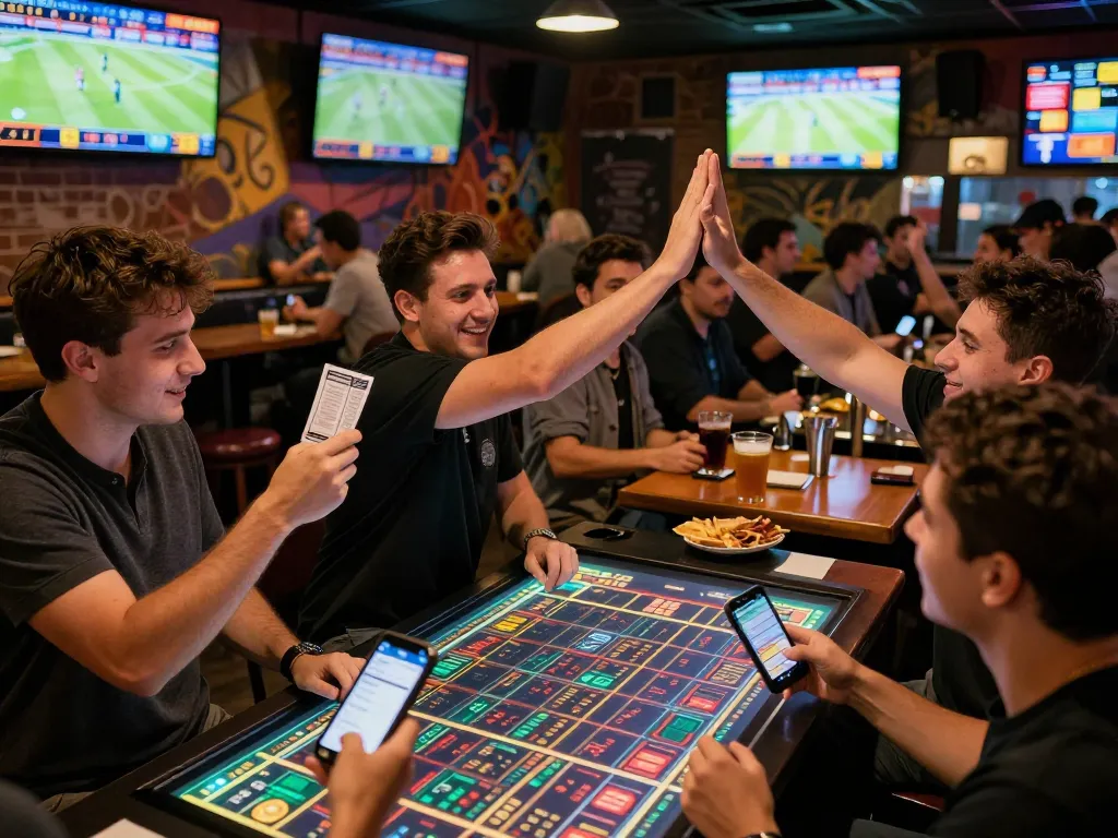 Sports bettors engaged in action at manclub, celebrating wins with phones and drinks.
