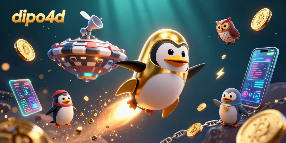 Spin wins with dipo4d's crypto casino featuring a golden penguin and poker chip spaceship
