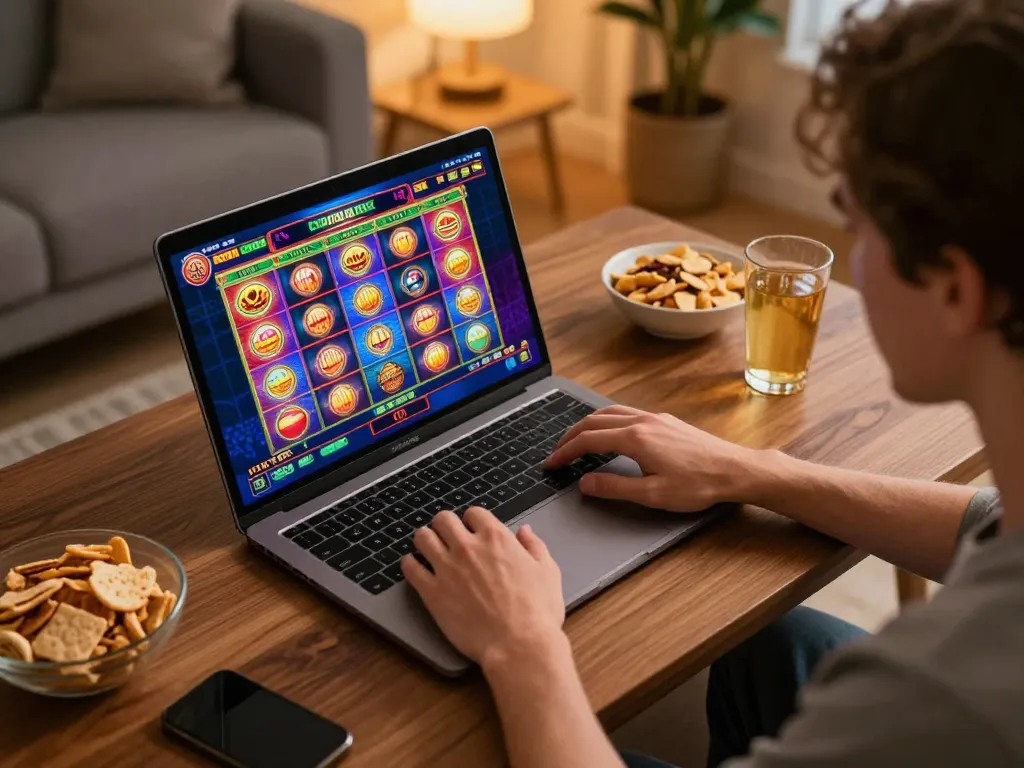 Engaging in online slots at home with lucks8, showcasing a cozy gaming environment.