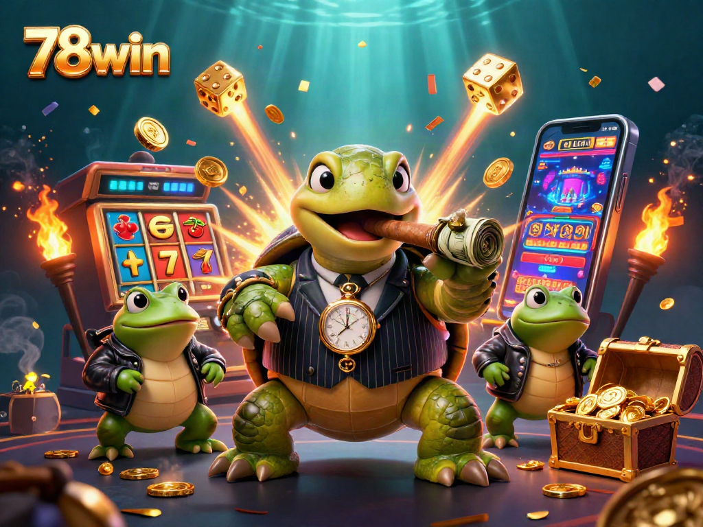 Play big at 78win with a lively casino scene featuring a turtle mobster and striking slot machine!