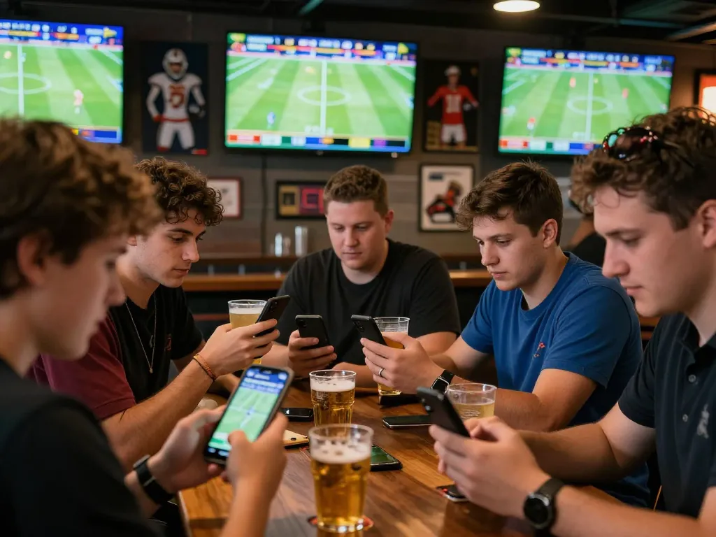 Sports betting excitement at bar as players analyze kèo nhà cái and celebrate wins with drinks.
