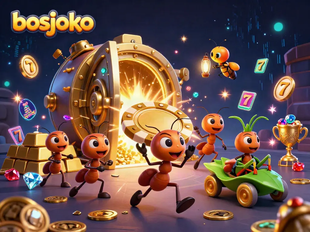 Experience thrilling gameplay at bosjoko while delightful ants steal a massive poker chip amidst sparkling treasures.