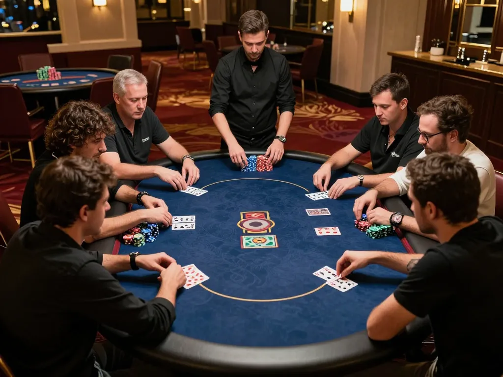 S88 poker players strategizing and placing bets in an upscale casino.