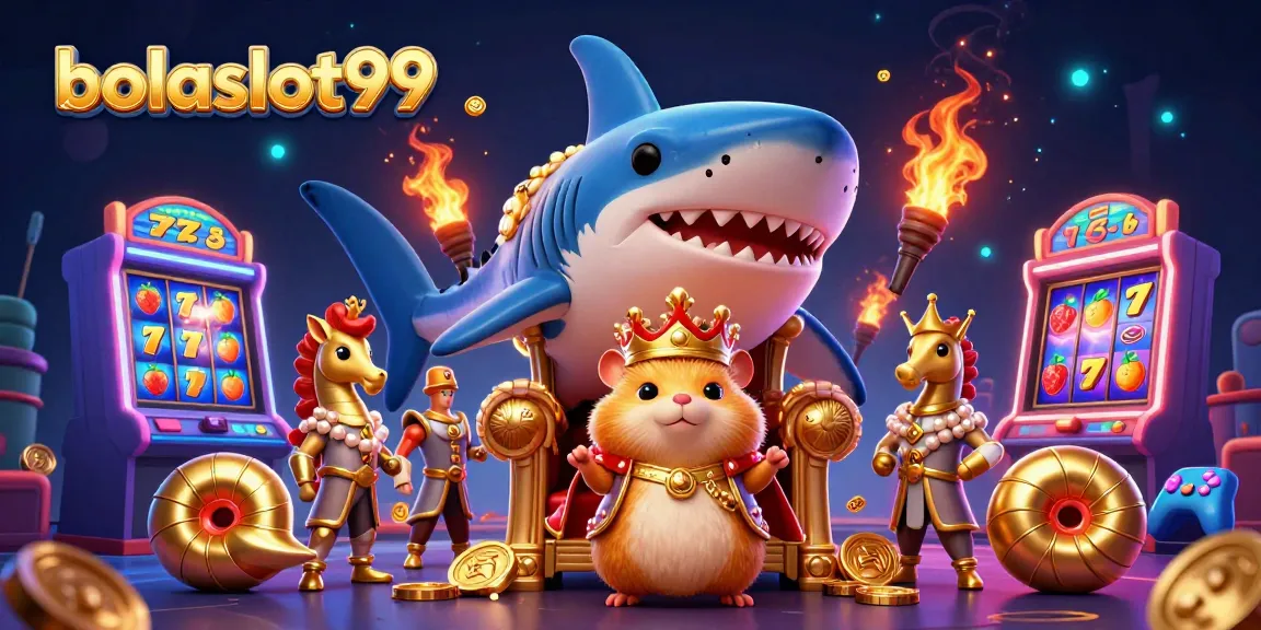 Bolaslot99 showcases a vibrant scene with a golden hamster king and slot machines for dynamic gaming.
