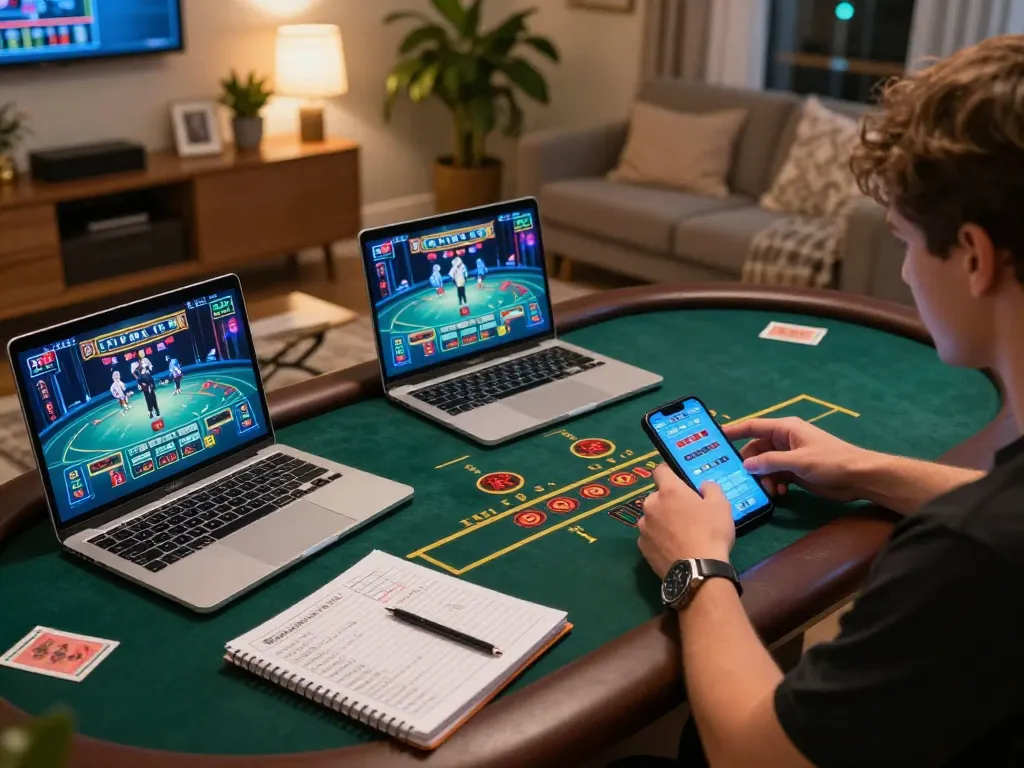 Player using LGOGOAL to engage in live dealer games on a laptop, showcasing a vibrant online gambling experience.