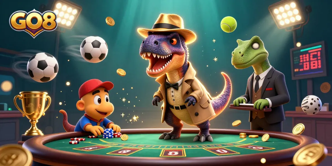 Experience the GO8 dynamic casino scene featuring a cartoon velociraptor and sports betting action elements.