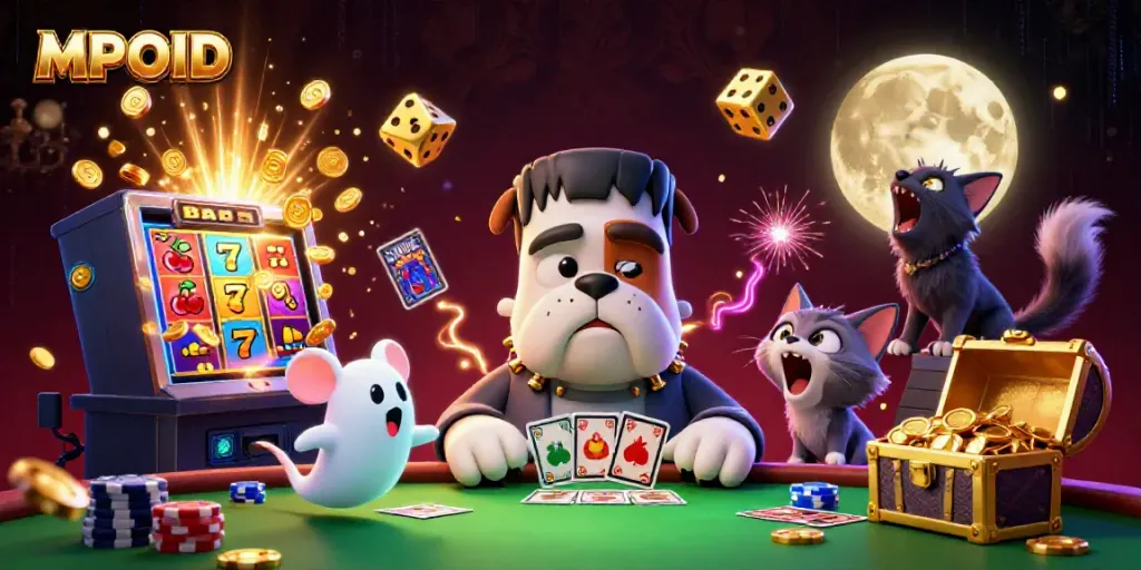 Experience thrilling games at MPOID with a lively 3D scene showcasing animated casino elements.