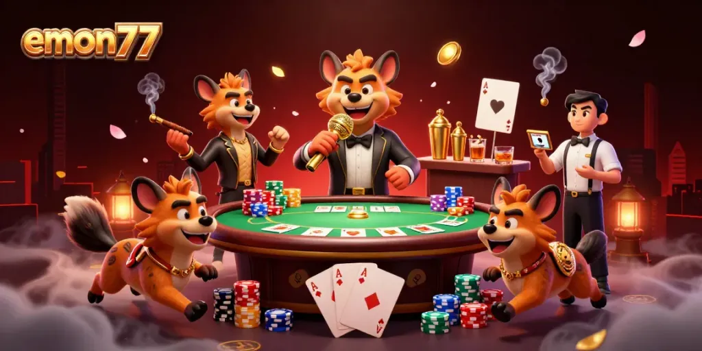Experience the excitement of emon77 with hyenas in a vibrant comedy casino setting