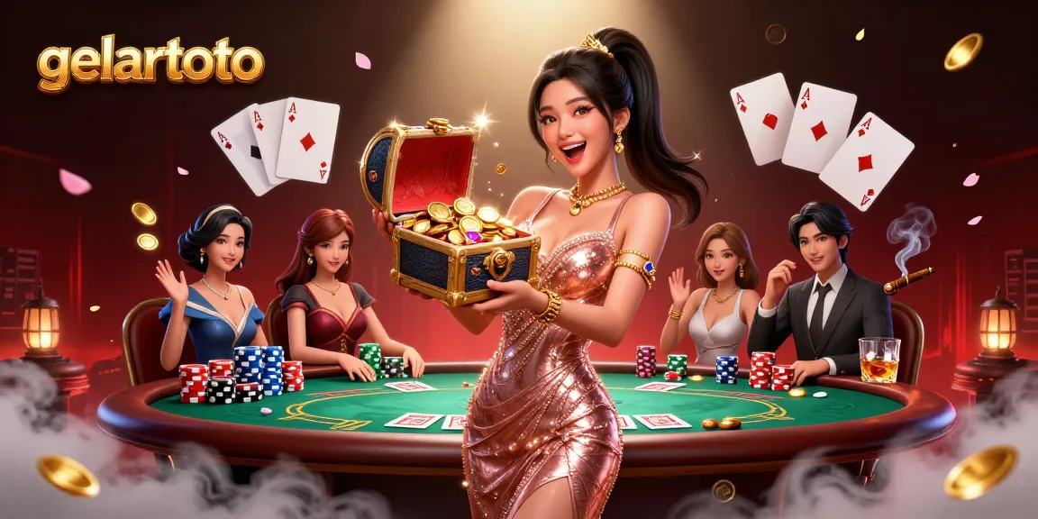Join the excitement with gelartoto, showcasing a joyful woman revealing treasures in a vibrant casino setting.