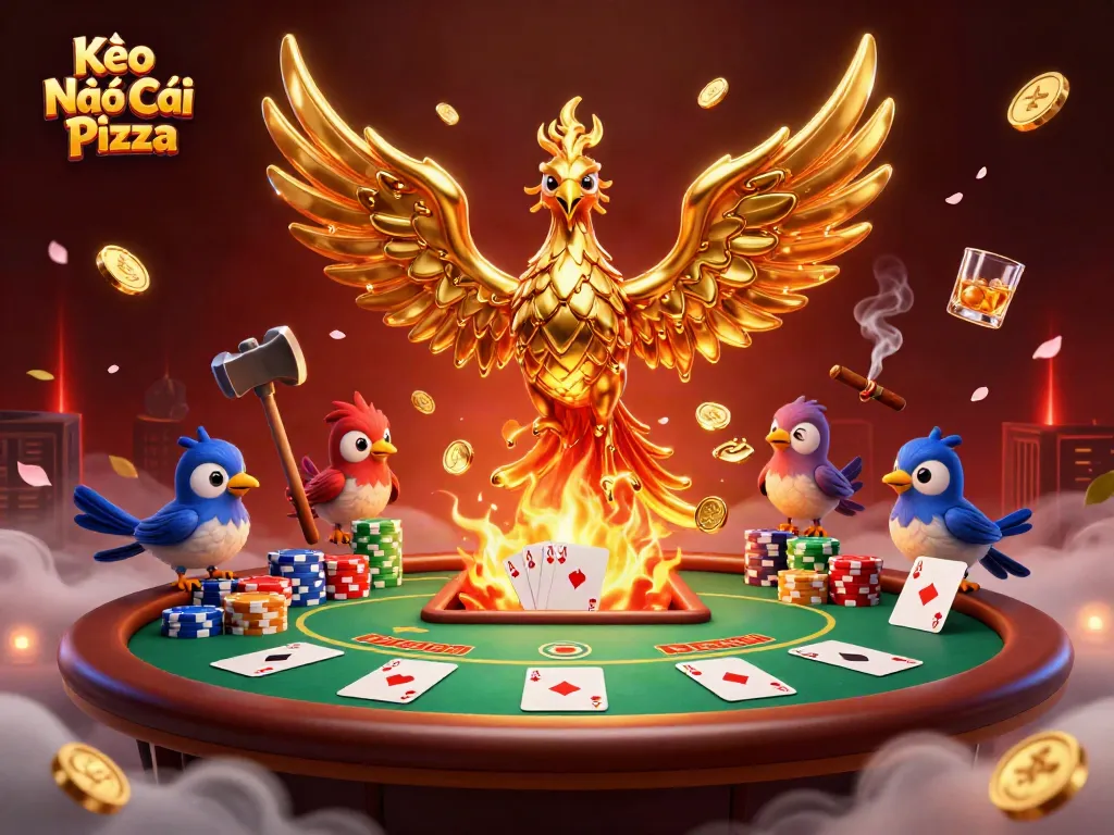 Kèo Nhà Cái Pizza showcases a molten golden phoenix and poker-themed elements in a vibrant casino scene.