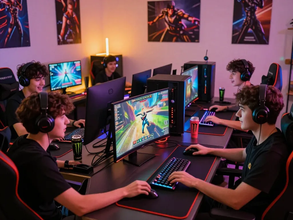 Nego77 gamers enjoying a vibrant night of online gaming with stylish gear and excited atmosphere