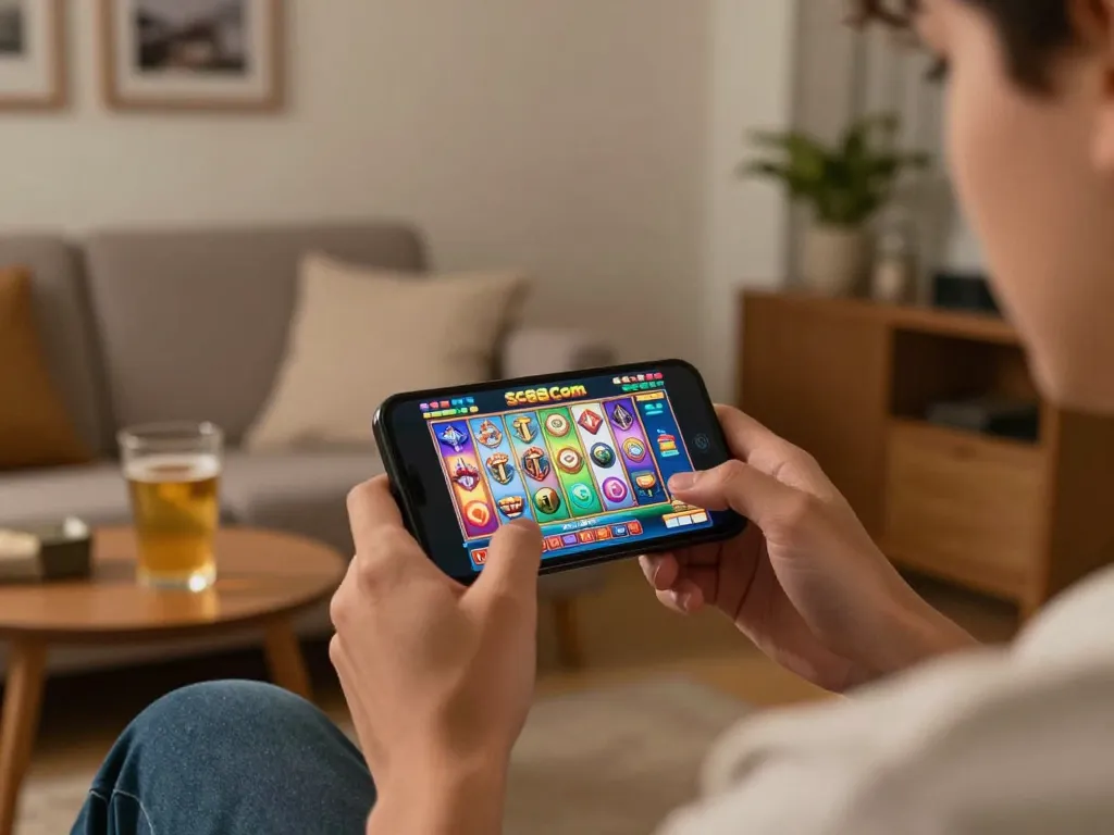 Player enjoying SC88 Com mobile app with vibrant slot game in cozy living room setting.