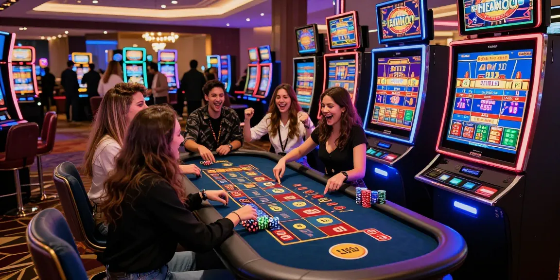 Friends enjoying a link slot machine at a modern casino with vibrant lights.