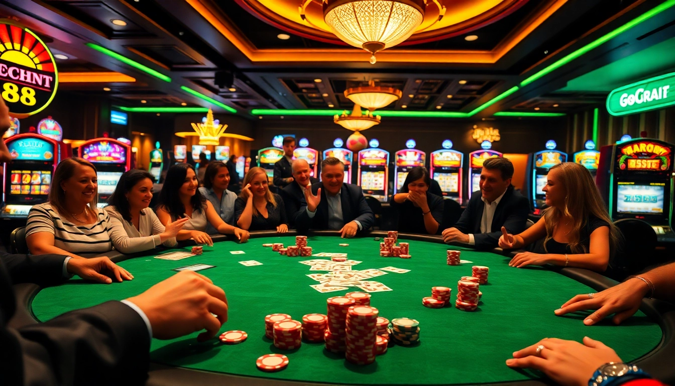 Players enjoying an exciting round of poker at go 88 casino, surrounded by vibrant lights and colorful chips.
