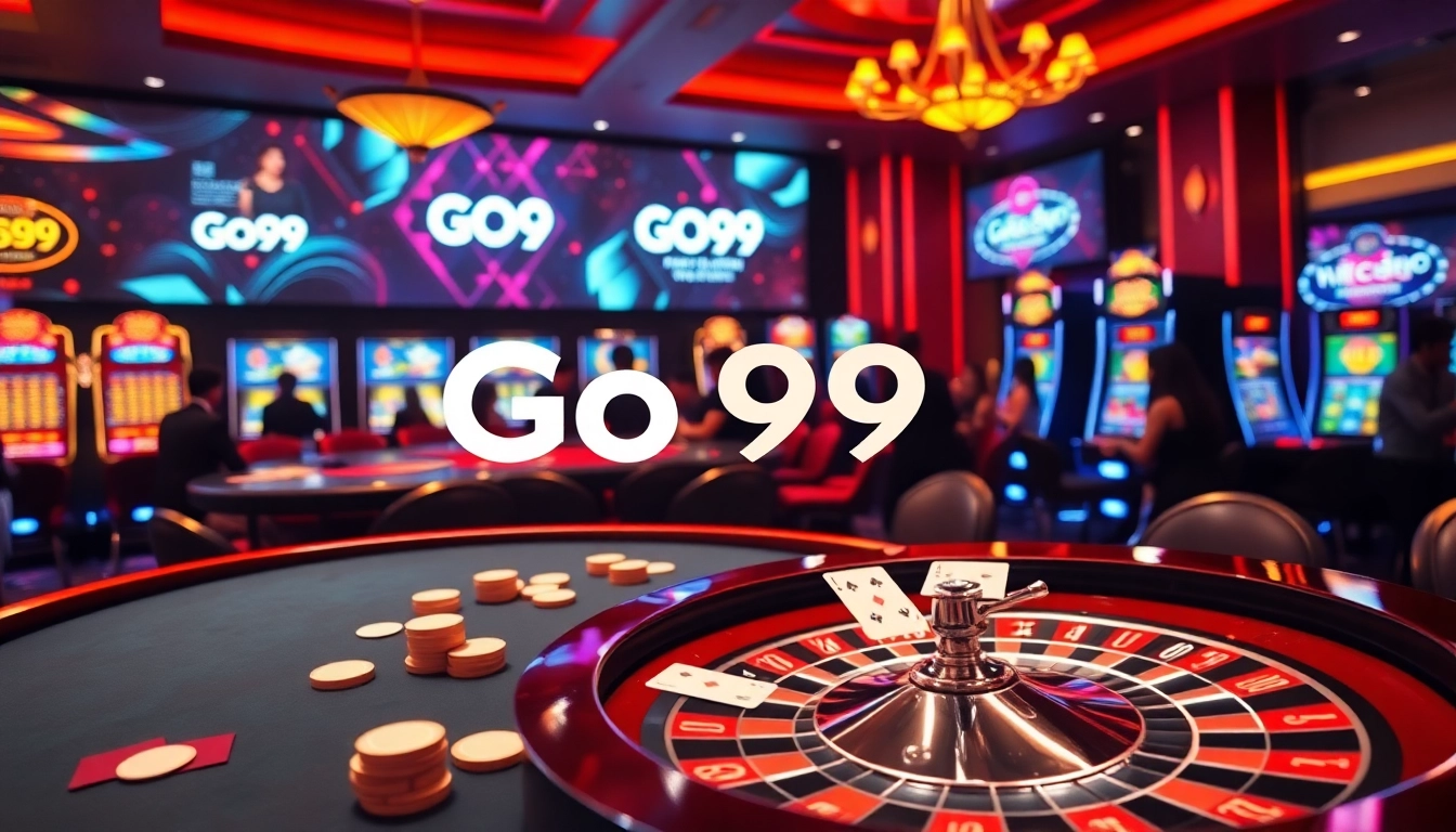 Engaging gameplay at Go 99's luxurious casino scene with poker chips, cards, and roulette wheel.