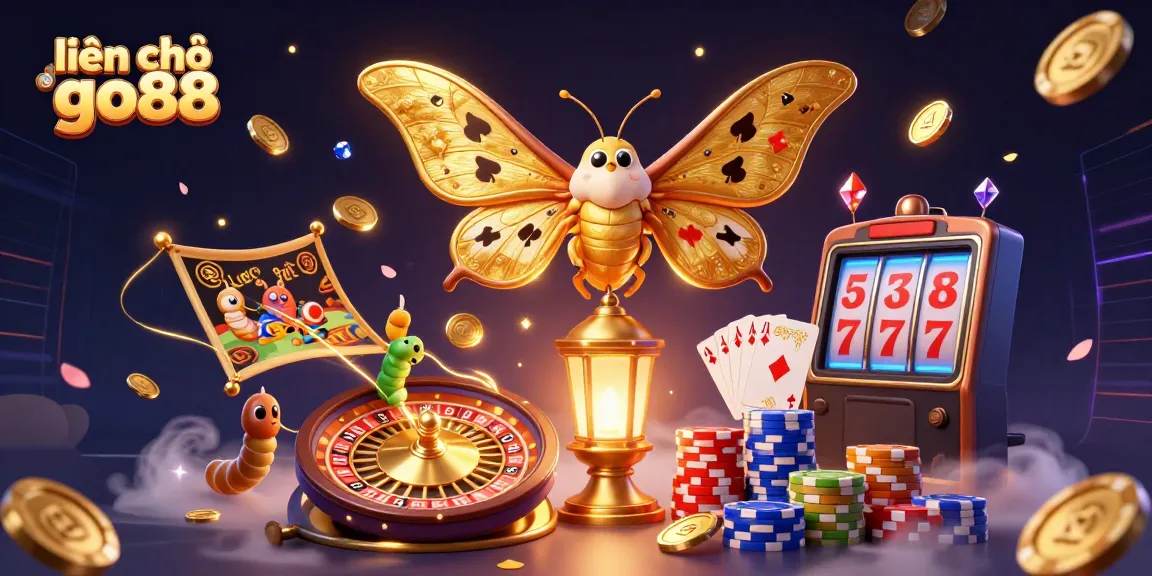 Experience thrilling gaming action with liên hệ go88, showcasing a colorful 3D illustration of casino elements and an enchanting moth.