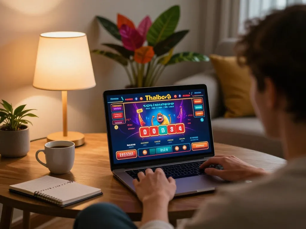 Engaged player using Thabet online casino on laptop in a cozy living room setting.