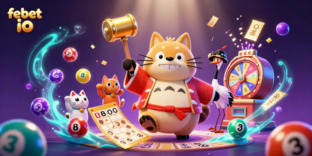 Experience the vibrant world of febet io with cheerful tanuki and lucky cats amidst dynamic lottery elements.
