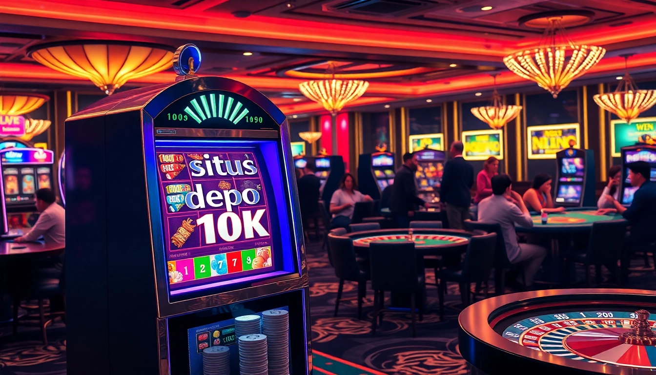 situs depo 10k showcased on a vibrant slot machine in a luxurious casino setting, with players and poker chips