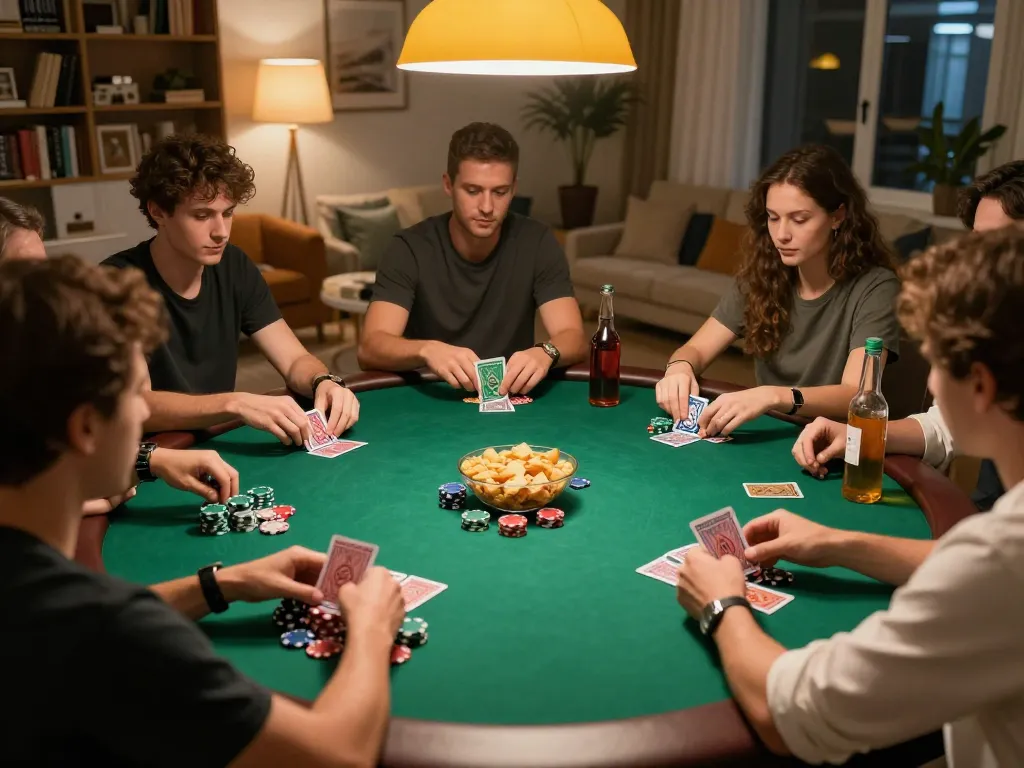 Players strategizing at a home poker table, immersed in U888 gameplay with competitive spirit and social vibe.