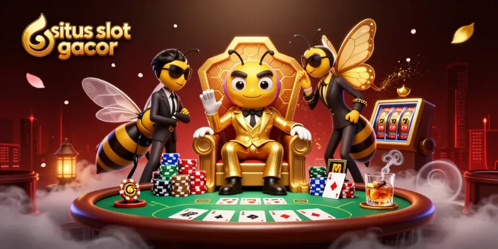 Gambarkan situs slot gacor dengan karakter lebah bos dan elemen permainan yang menarik.