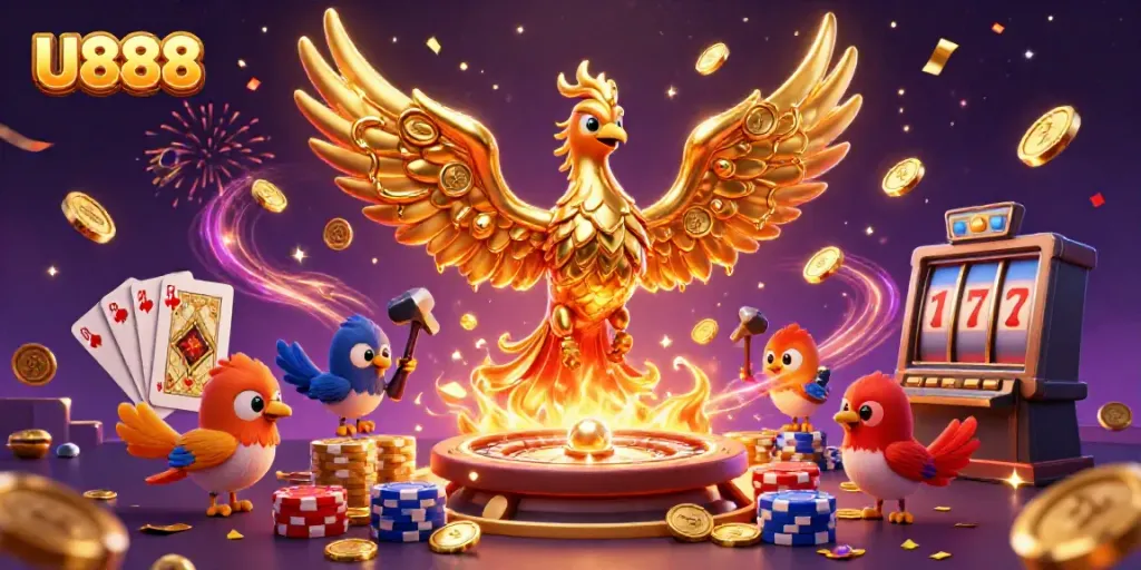 Experience thrilling gameplay at U888 with gold coins, vibrant casino elements, and a mythical phoenix.