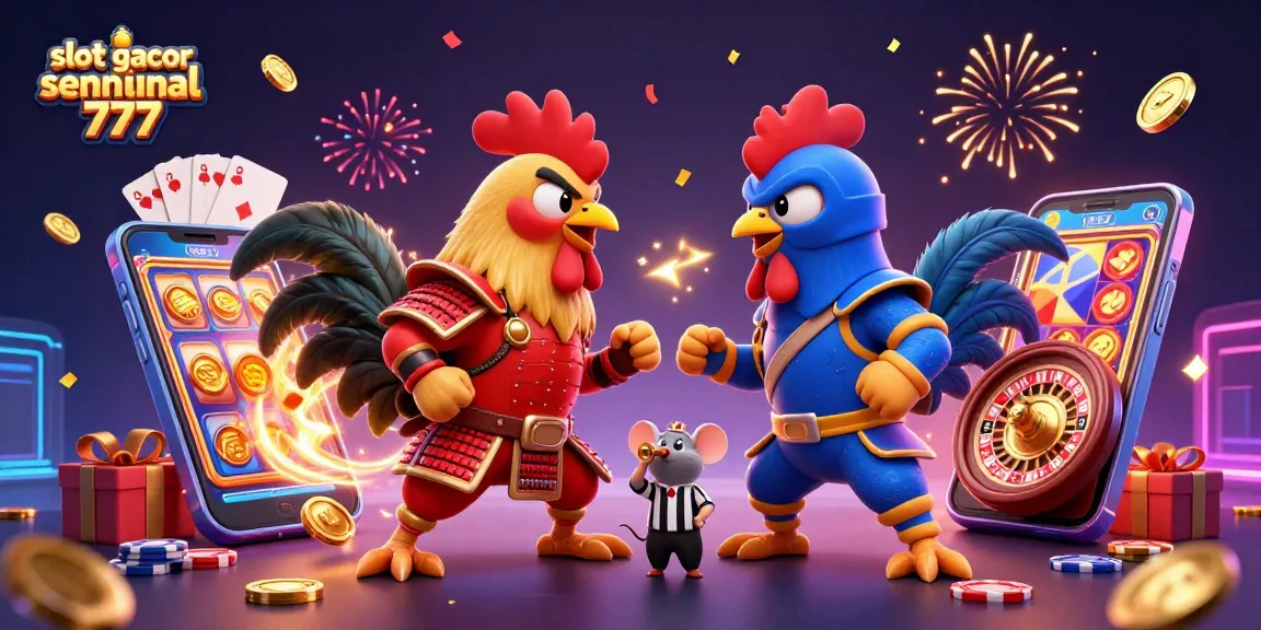 Slot gacor sensasional 777 merayakan kemenangan dengan ayam jantan bertarung di latar belakang permainan slot