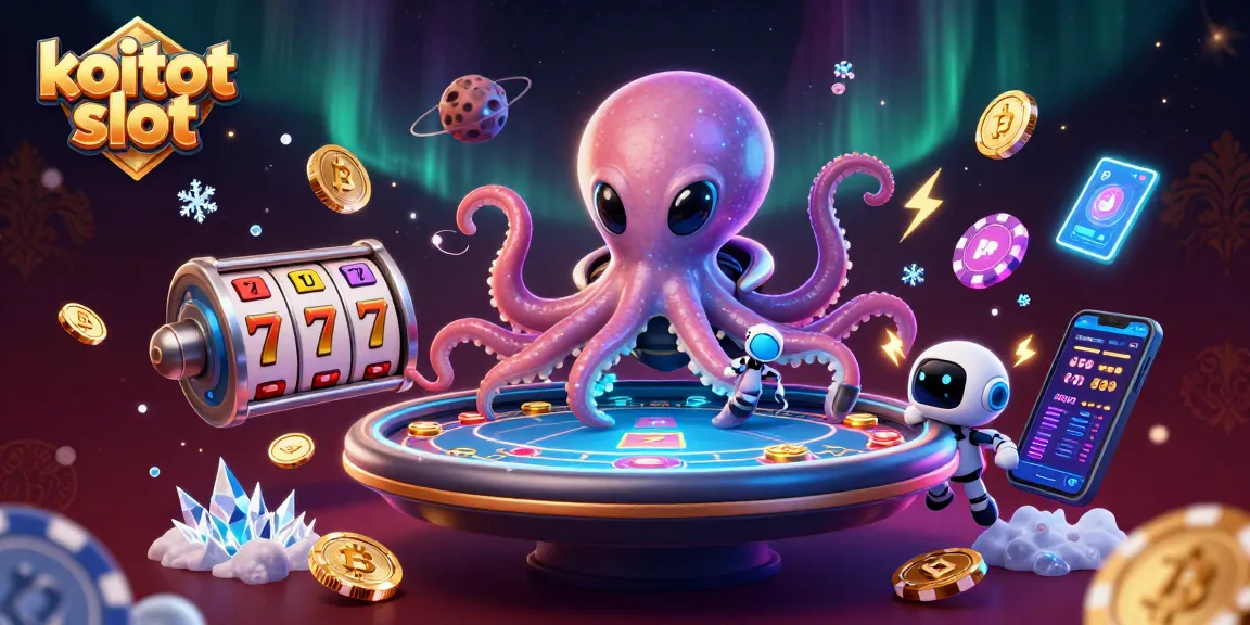Bermain koitot slot dengan alien gurita berwarna cerah di meja poker holografik, dikelilingi chip poker asteroid dan elemen slot.