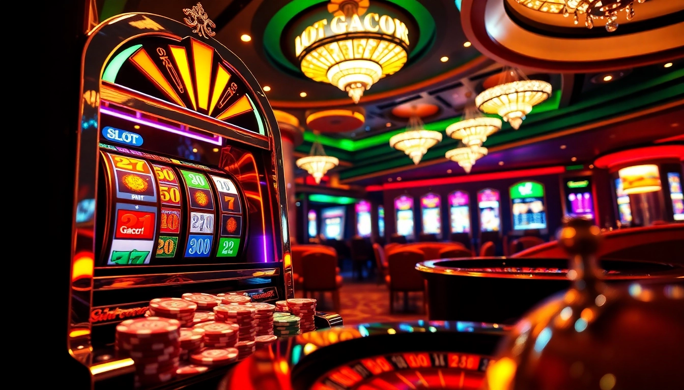 Exciting casino scene highlighting a slot gacor machine with colorful chips and betting slips.