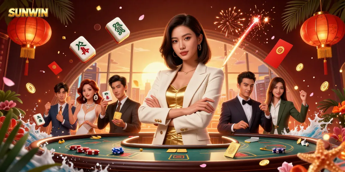 Experience SUNWIN as a powerful businesswoman deals golden cards amidst vibrant casino elements.