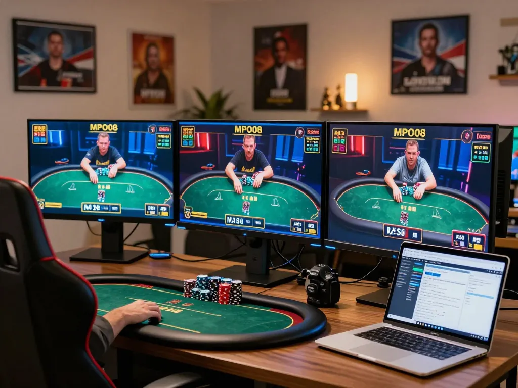 Engage in MPO08 online poker gameplay with a high-tech gaming setup showcasing dynamic action.