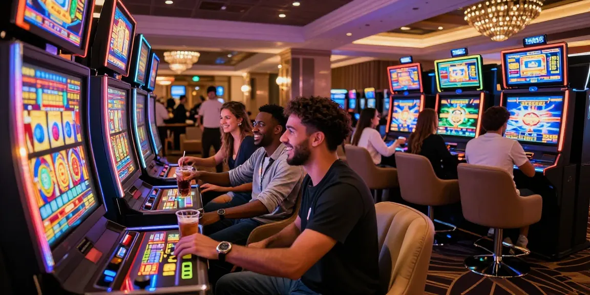Pengalaman bermain mesin slot LUXURY777 di kasino mewah, suasana yang ceria dan meriah.