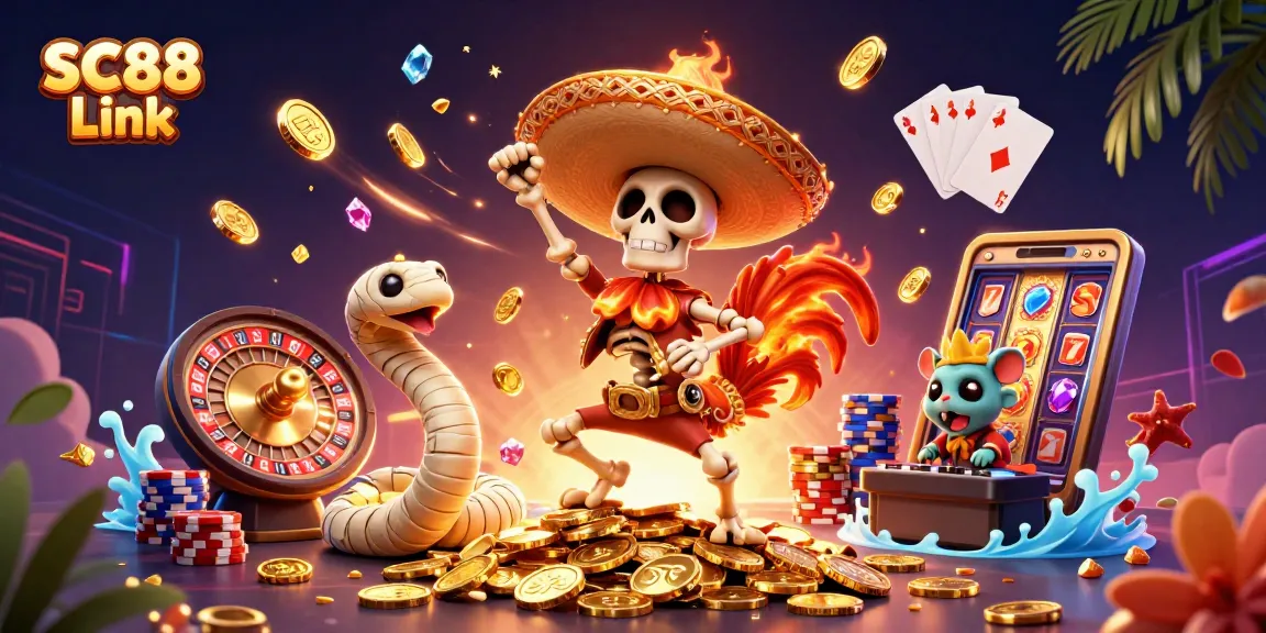Spin and win with SC88 Link, featuring vibrant casino characters dancing on golden coins.