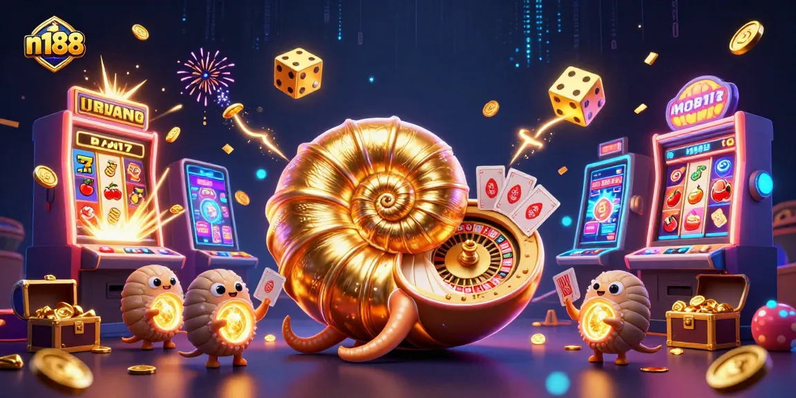 Experience thrilling games at n188, where a giant nautilus and glowing ammonite companions celebrate a casino jackpot.