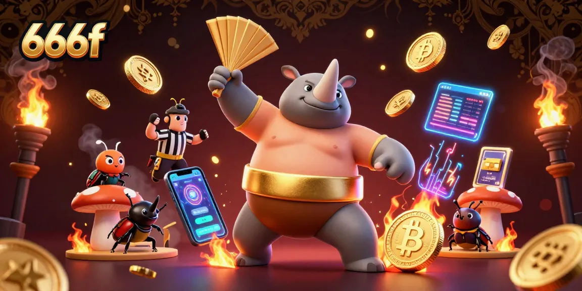 Experience 666f's thrilling wins as the sumo beetle champion stomps coins in an energetic scene.