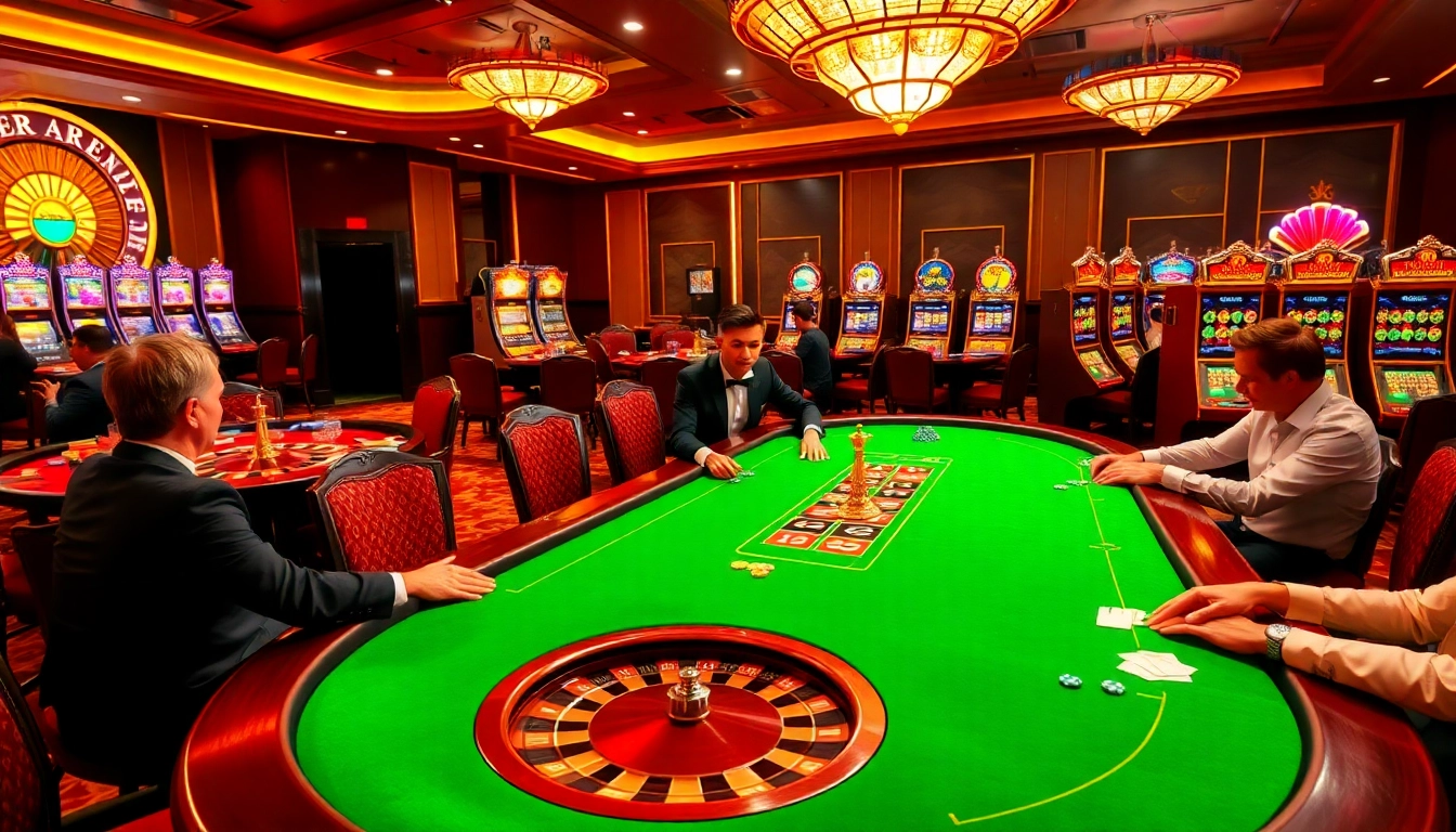 Experience the thrill of gambling at https://cm88bet.us/ban-ca-cm88/ with a dynamic casino scene showcasing poker and roulette.